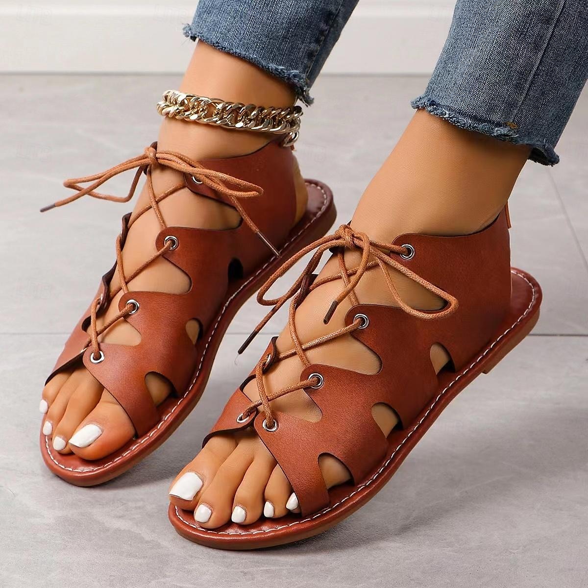 sandali gladiatore con lacci da donna – scarpe estive piatte con punta aperta per stile casual, spiaggia e boho del 2025 a $19.99 –P6