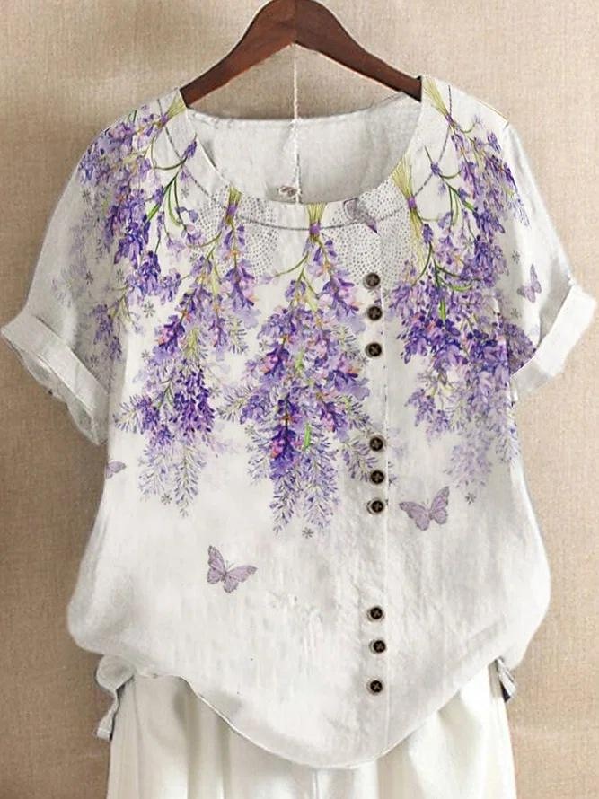 Femmes Chemise Chemises inspirées du lin Chemisier Fleuri Occasionnel Manche Courte Col ras du cou Hauts Réguliers Vacances Quotidien Imprimé Jaune Vert Claire Bleu Roi Bleu Violet Été de 2025 ? $22.99 –P4