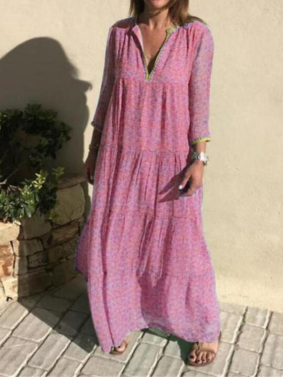 kvinnors fritidsklänning svängklänning blommigt tryck v-ringad lång klänning maxiklänning ledig boho daglig semester långärmad sommar 2025 - $41.99 –P4