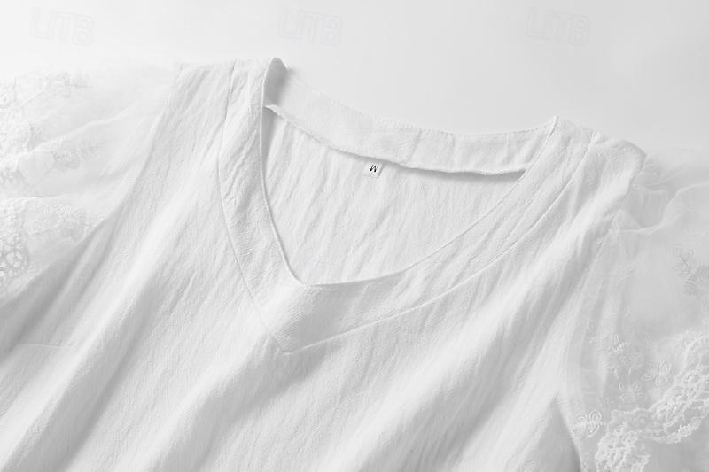 שמלת קיץ לנשים עם צווארון V עם שרוולים קצרים פרט תחרה מותן גבוה חצאית אלגנטית מזדמנת מסיבה אלגנטית כותנה לבנה התאמה נוחה למספר מידות 2026 - $26.99 –P3