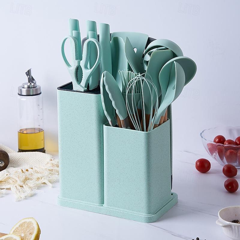 19 Pcs Kitchen Cooking Utensils and Knife Set with Block, Include 11 Pcs Silicone Cooking Utensils Set 5 Pieces Sharp Stainless Steel Chef Knives Scissors Whisk Tongs and Cutting Board 2024 - $25.99 –P7