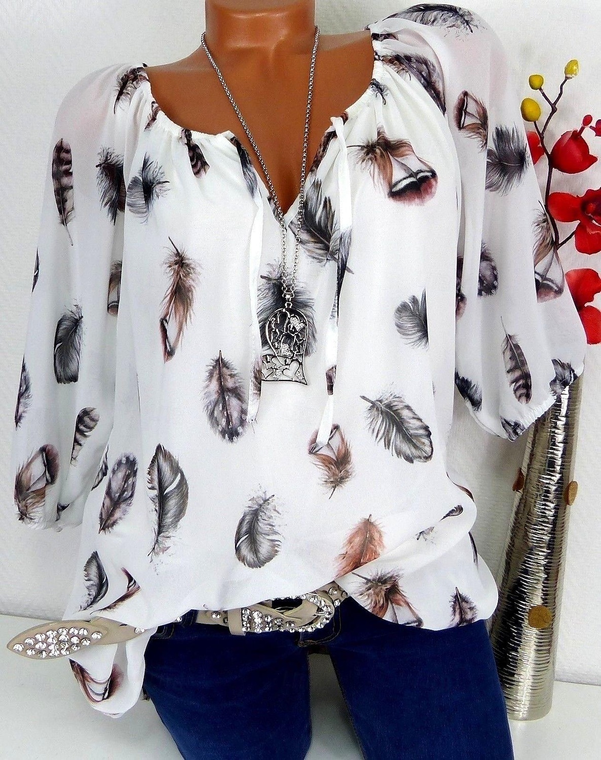 Damen Boho Bluse Federdruck Langarm V-Ausschnitt Krawattenbänder fließendes Top weiß braun lässig Strand Festivalmode entspannte Passform Frühling Sommer Kleidung 2025 - $24.99 –P4