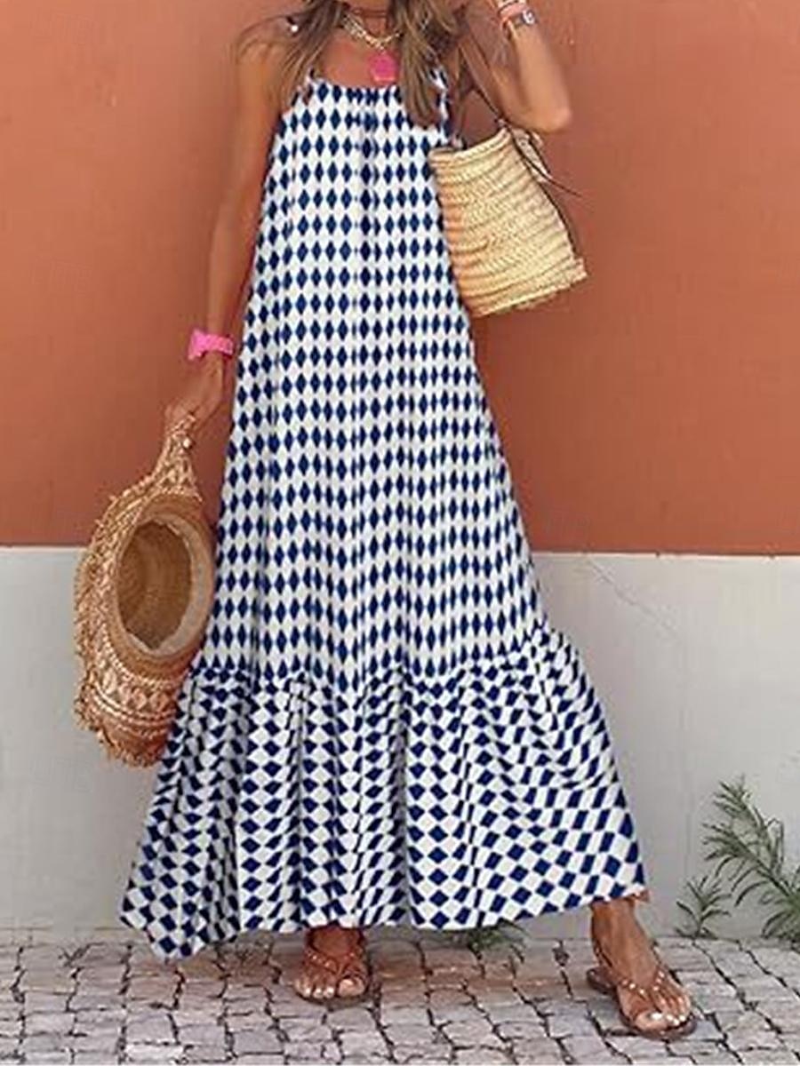 damska sukienka na co dzień sukienka typu swing sukienka typu slip geometryczna krata z odkrytymi plecami nadruk na ramiączkach długa sukienka maxi sukienka stylowa na co dzień randka bez rękawów lato 2025 - $35.99 –P6