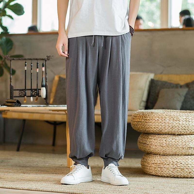 Homens Calças de linho Calça verão Calça casual Bolsos Côr Sólida Respirável Comprimento total Esportes Relaxantes Casual Ajuste Largo Preto Azul Profundo Sem Elasticidade de 2025 por $31.99 –P1