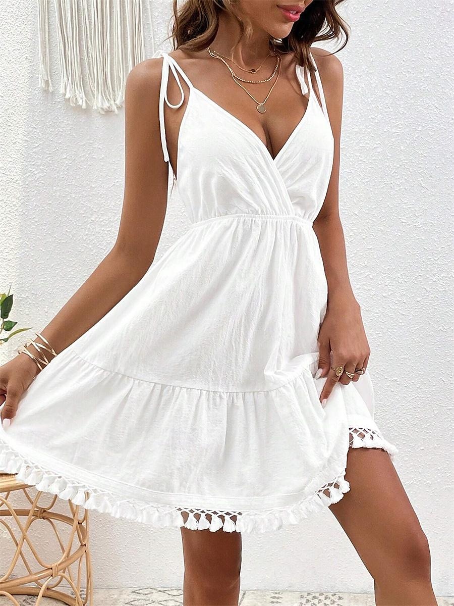 Damen Minikleid Weißes Kleid Abschlusskleid Freizeitkleid Sommerkleid Streetwear Basic Lässig Urlaub Straße Ferien Normale Passform Ärmellos Spaghettiträger Weiß Sommer 2025 - $31.99 –P1