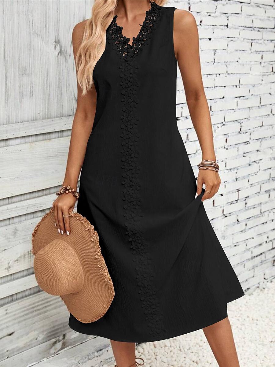 Damen Weißes Kleid Midikleid Baumwolle Spitze Patchwork Verabredung Urlaub Strassenmode Basic V Ausschnitt Ärmellos Schwarz Weiß Farbe 2025 - $39.99 –P4
