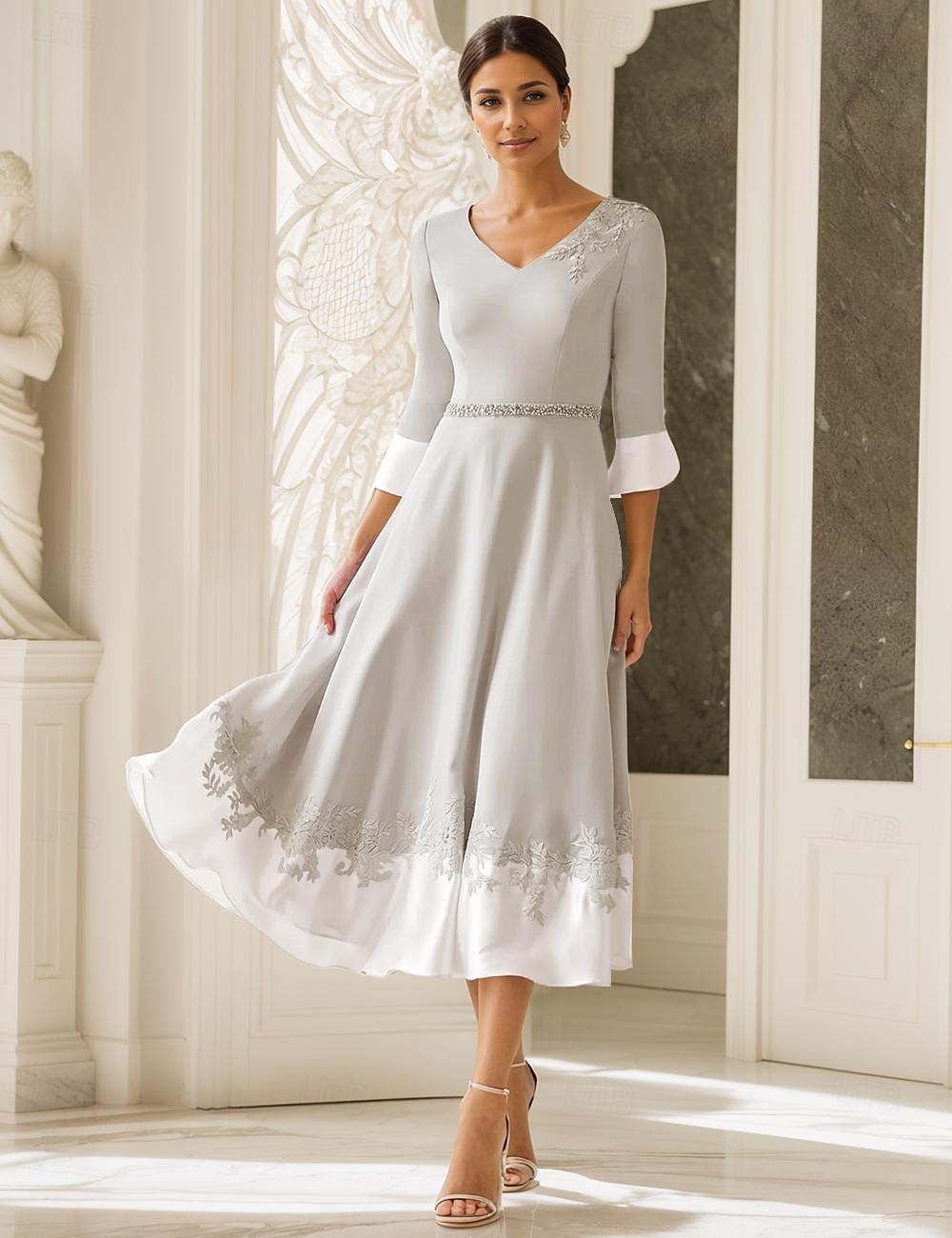 Strandhochzeit A-Linie Mutter der Braut Kleid Hochzeitsgast Kirche Eleganter V-Ausschnitt Tee-Länge Stretchstoff Halbe Ärmel mit Applikationen 2025 kostenlose Maßanfertigung 2025 - $180.99 –P1
