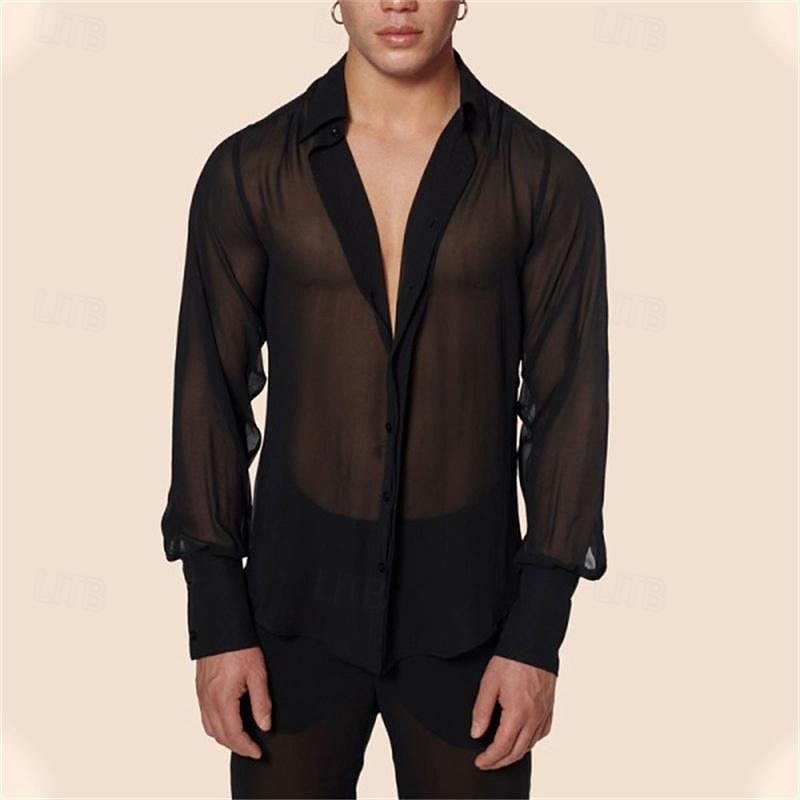 Men's Shirt Summer Shirt Mesh Shirt Sheer Shirt Sheer Blouse Black Long Sleeve Plain Lapel Hawaiian Holiday Mesh Clothing Apparel Fashion Casual Comfortable 2025 - $24.99 –P1