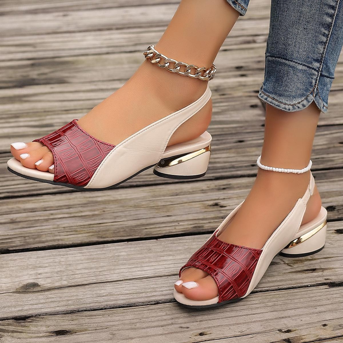 Women's Green and Beige Open-Toe Slingback Sandals – Crocodile Pattern Design with Gold Heel Accents for Casual and Elegant Summer Outfits 2025 - $32.99 –P2