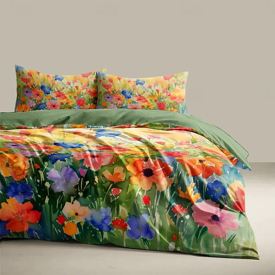 100% bomull fargerik blekk blomst 3-delt dynesett for hotell soverom gjesterom hotell sengetøy komfortabelt sett 1 dynetrekk 2 putevar sengesett 2025 - $60.99 –P5