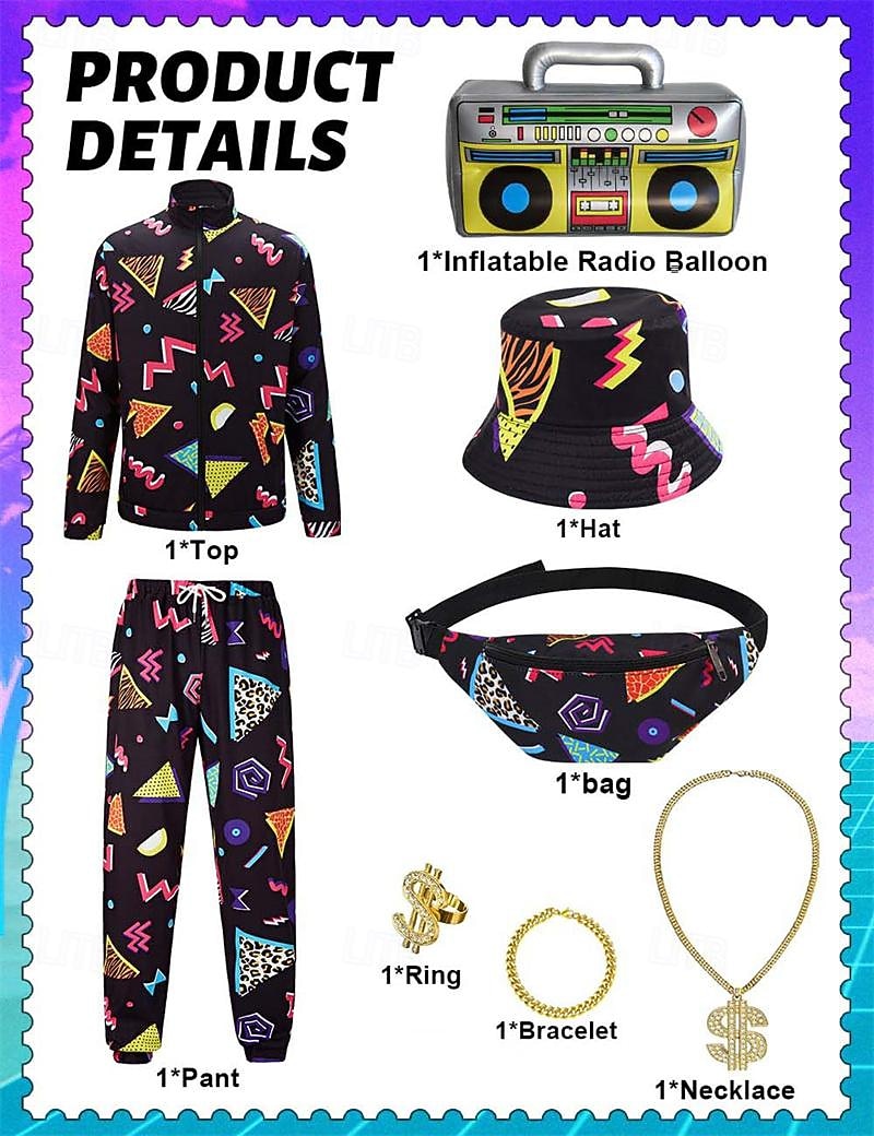 Retro / vintage 80-talet Hiphop Kläder Tillbehör set Sportkläder Disk Maskeradkläder Herr Karnevalsdräkt Halloween Karnival Nyår Fest / afton Prideparad Pride månad Vuxna Topp Byxor Armband Alla 2025 - $52.99 –P2