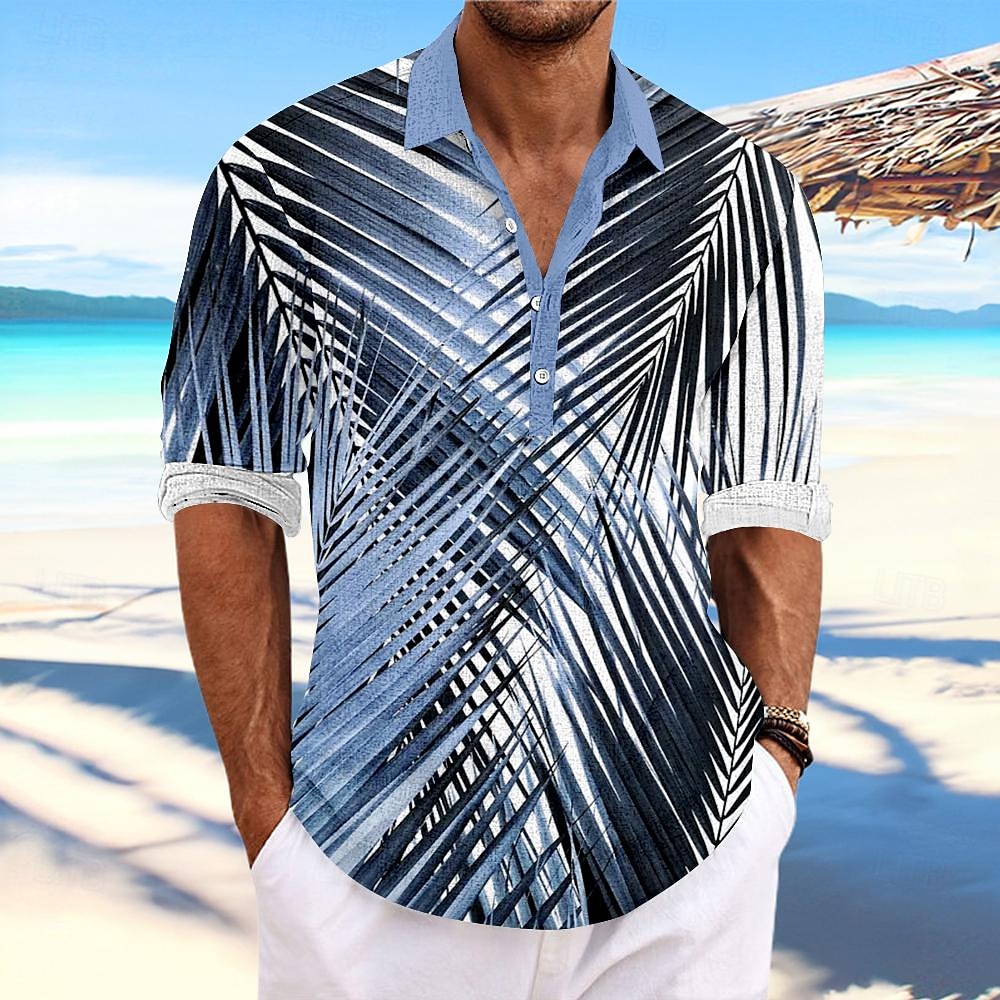 Voor heren Palmblad Tropische planten Hawaiiaans overhemd Aloha-shirt Lange mouw Overhemd Opstaand Hawaii Toevlucht Buiten Vakantie Feest Geel blauw Groen S M L 2025 - $26.99 –P2