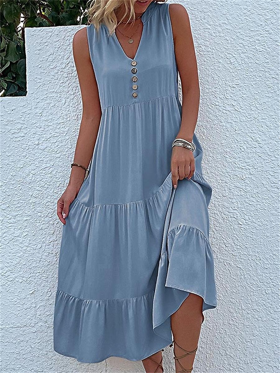 Damen Schwarz Gelb Blau Sommer Frühling Maxikleid Leinen-inspirierte Kleider Freizeitkleid Sommerkleid Basic Modern Täglich Wochenende Lässiger Schnitt Einfach V Ausschnitt 2025 - $26.99 –P2