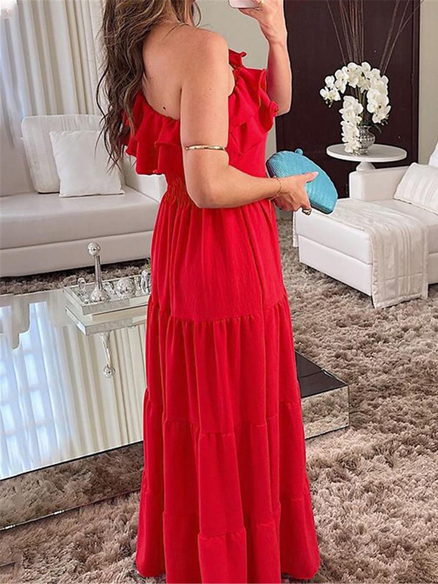 Damskie Czarna sukienka Sukienka maxi Falbana Ślub Impreza Elegancja Formalny Na jedno ramię Bez rękawów Czarny Czerwony Kolor 2025 - $41.99 –P1