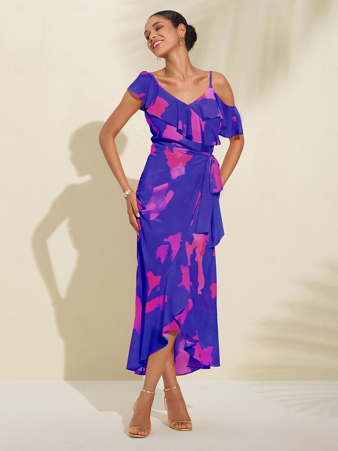 kvinnors peplumklänningar bröllopsgäst midiklänning lila orange kortärmad blommande volang främre slips vår &amp; sommar asymmetrisk romantisk s m l 2025 - $65.99 -P16