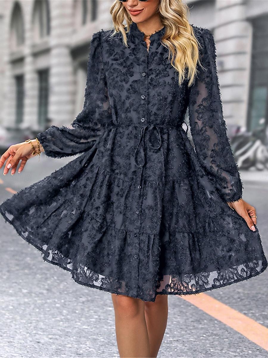 Damen Spitzenkleid Minikleid Angeschnallt Ausgefallene Ständer Langarm Schwarz Wein Marineblau Farbe 2025 - $57.99 –P2