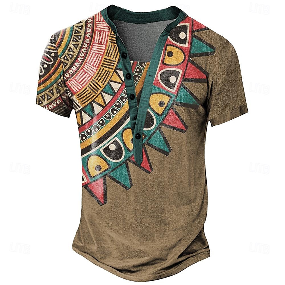 Pánské Grafika Etno Tričko Henley Krátký rukáv 3D tisk Módní Designové Základní Denní Léto Královská modř Světle hnědá Khaki Stojáček Tričko Henley 2025 - $22.99 –P5