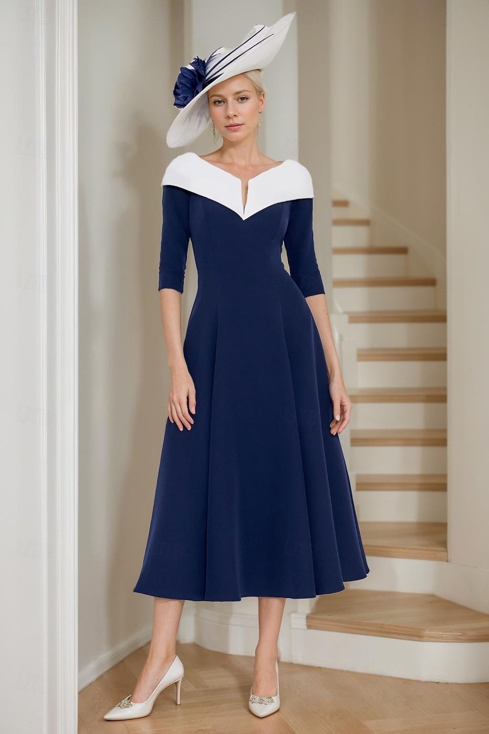 A-Linie Brautmutterkleid Eleganter V-Ausschnitt Tee-Länge Stretchstoff Halbarm mit Farbblock 2025 kostenlose Maßanfertigung 2025 - $155.99 –P1