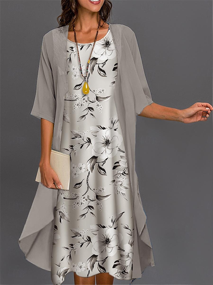 Abito di laurea da donna Abito midi Set di abiti Set di abiti Abito casual Stampa abito Elegante Moda Stampa floreale Manica 3/4 Collo a giro nudo Esterno Giornaliero Nero Bianco Rosa Estate Primavera del 2025 a $36.99 –P1
