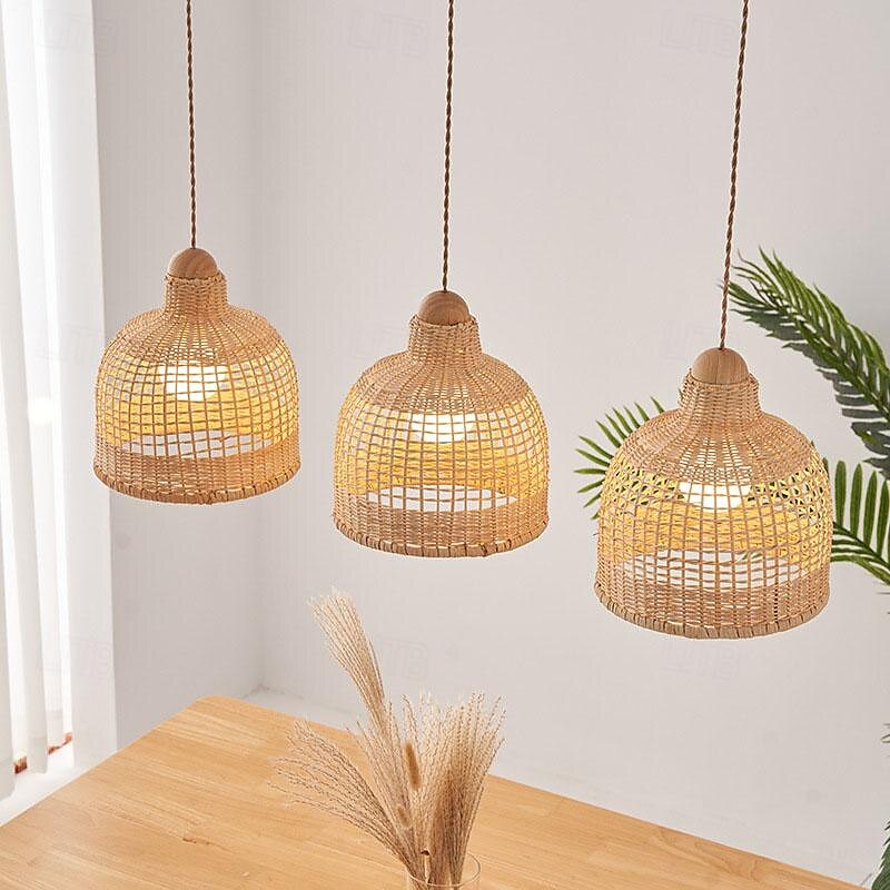 LED Pendant Light 3-Color Light 70/100cm 1/2/3-Light Bamboo Rattan Mini E27 Semi-Recessed Adjustable Wire Ceiling Pendant Light for Bedside Table Balcony Dining Room Decorative Lighting 85-265V 2025 - $185.99 –P9