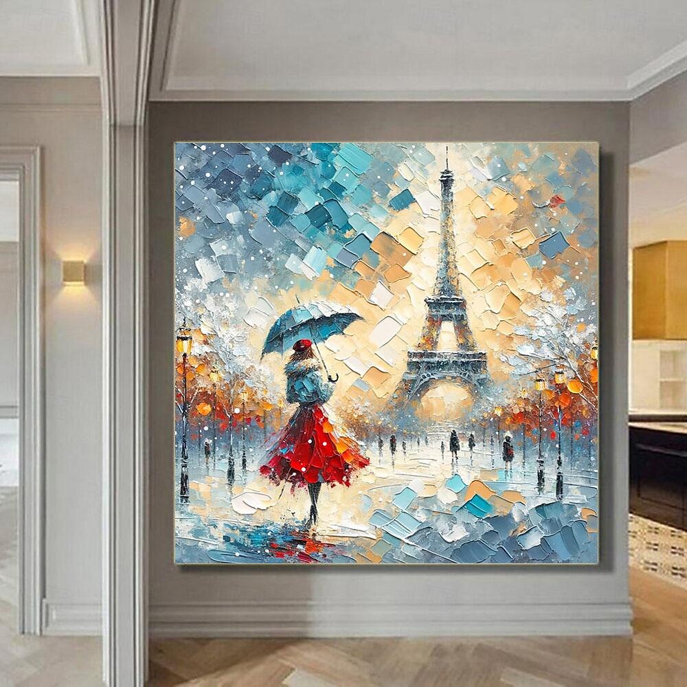 Original verregnete Pariser Eleganz handgemaltes pastoses Ölgemälde lebendige Eiffelturm Straßenszene Wandkunst ungerahmtes Leinwandgemälde 2025 - $131.99 –P6