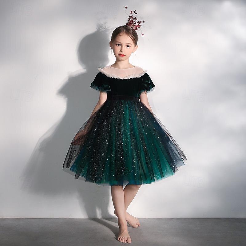 Kids Girls' Flower Girl Dress Party Dress Solid Color Short Sleeve Performance Wedding Party Mesh Princess Sweet Mesh Mid-Calf Sheath Dress Tulle Dress Summer Spring Fall 2-12 Years Red Green 2025 - $53.99 –P2