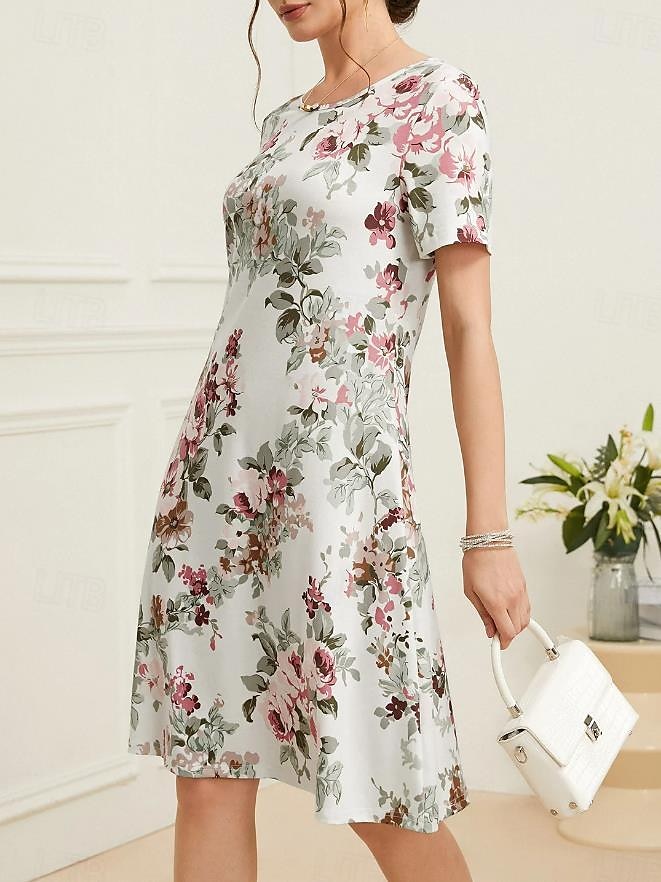 Damen Elegantes Partykleid Abendkleid Midi Kleid Rundhals Kurzarm Shift Kleid A-Linien Kleid Sommerkleid Alltag Lockere Passform Floral Grün Beige Sommer 2025 - $23.99 –P2