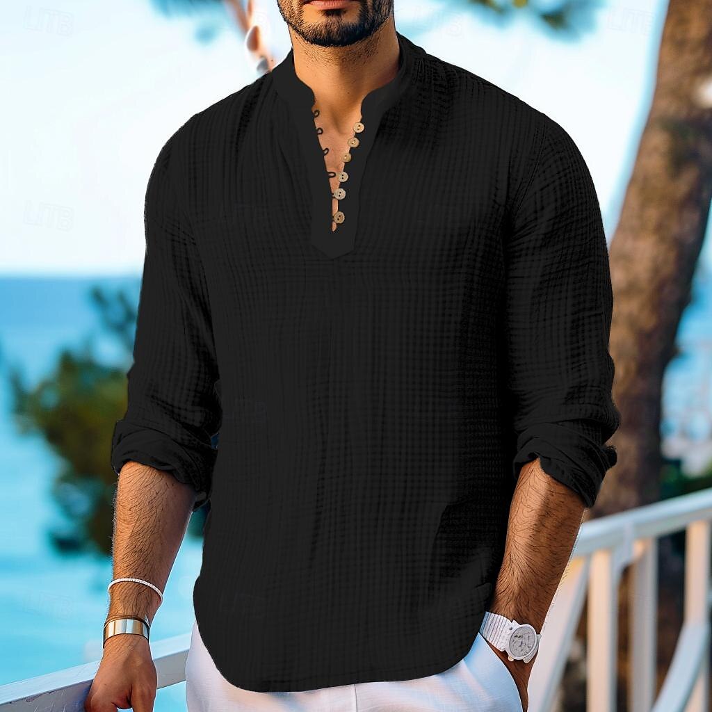 Per uomo Camicia Camicia estiva Abbigliamento mare Camicia con bottoni Maglietta informale Camicia con colletto a fascia Nero Bianco Azzurro Manica lunga Liscio A fascia Giornaliero Da mare Splice del 2025 a $25.99 –P5