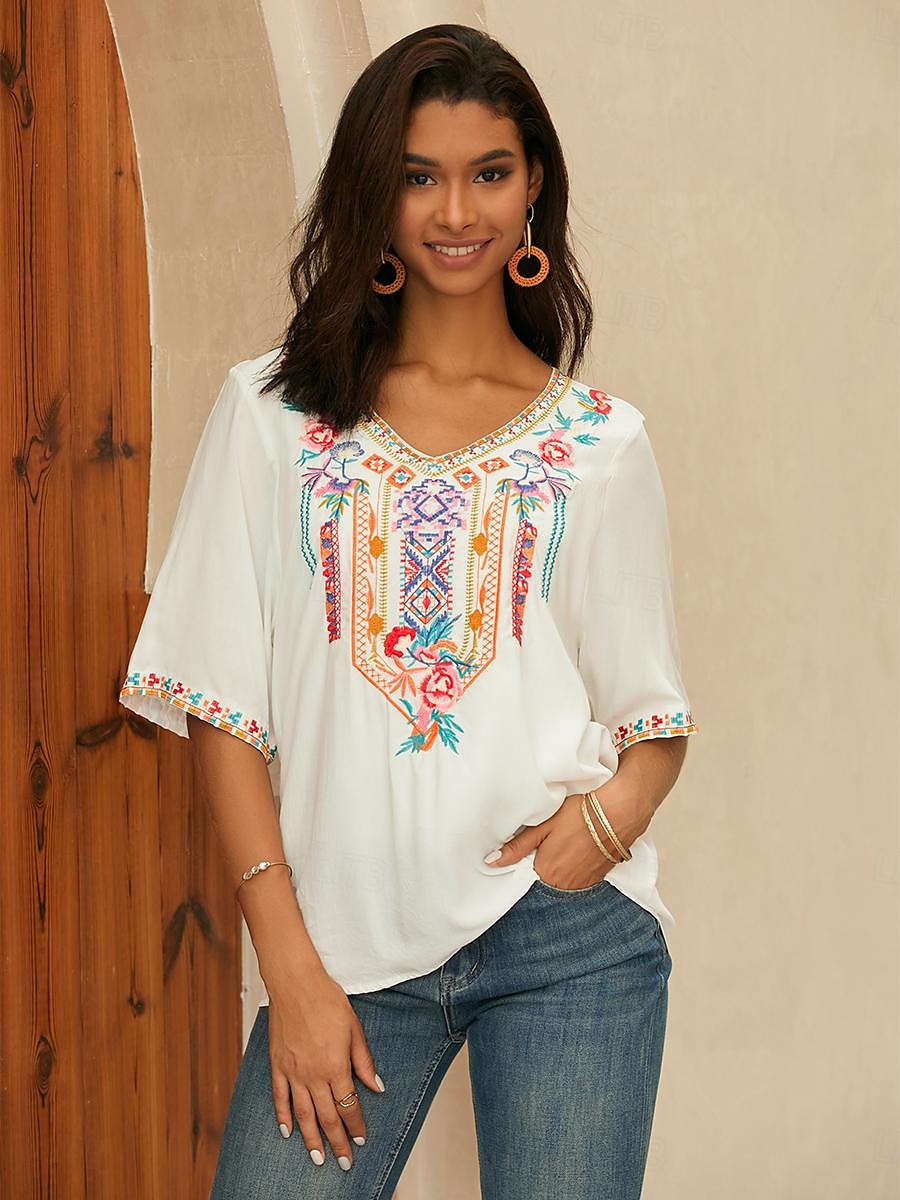 Dame Bluse Geometrisk Bohem 3/4 ermer V-hals Vanlige topper Daglig Broderi Svart Hvit Gul Rød Blå Sommer 2025 - $39.99 –P3