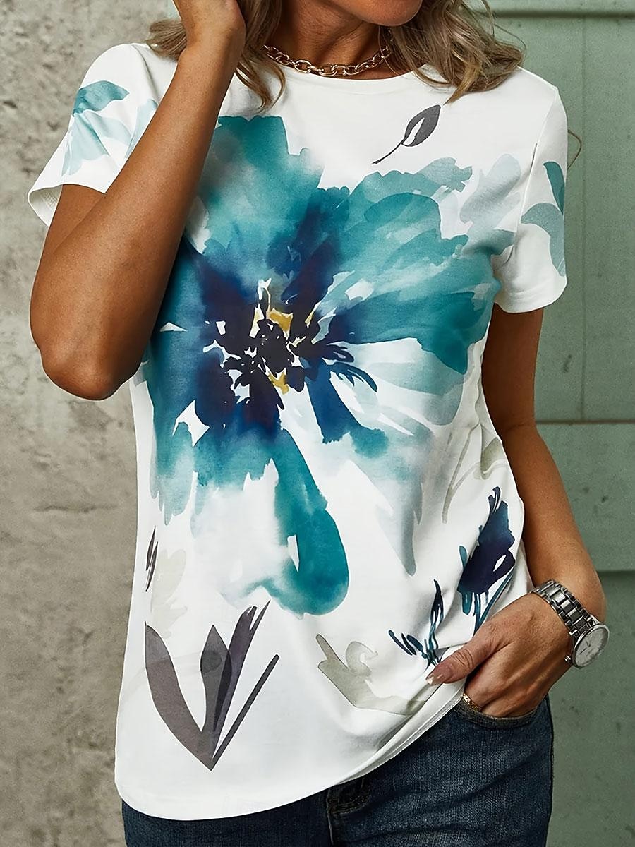 t-shirt femme élégant décontracté imprimé manches courtes hauts réguliers col rond quotidien blanc rouge vert été de 2025 ? $21.99 –P1