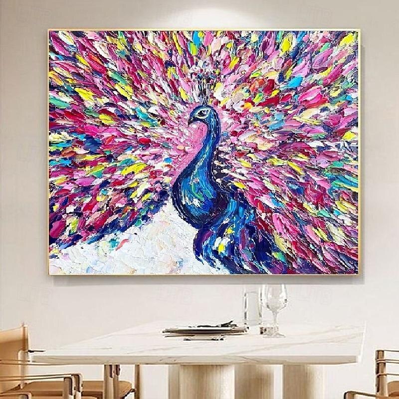 Pfauengemälde, Vogelkunst, Ölgemälde, handgefertigt, farbenfrohes Pfauen-Impasto-Kunstwerk, helles Ölgemälde, Wandkunst, Palettenmesser, heller Vogel, 3D-Strukturkunst, Gemälde für Schlafzimmer, 2025 - $116.99 –P2