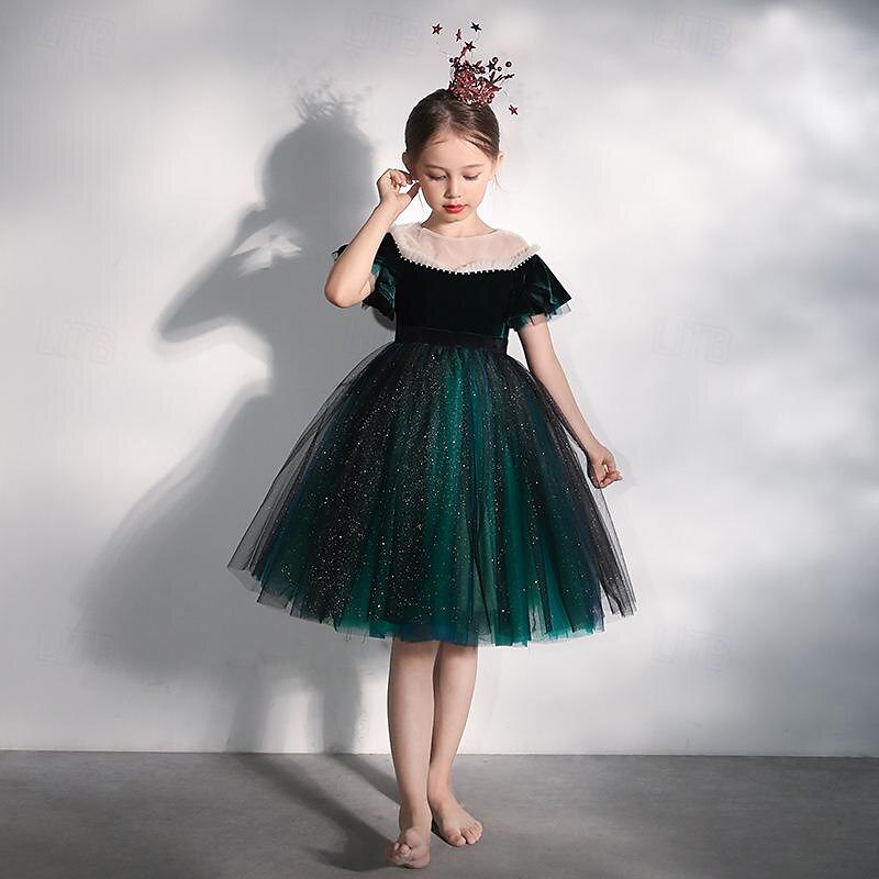 Kids Girls' Flower Girl Dress Party Dress Solid Color Short Sleeve Performance Wedding Party Mesh Princess Sweet Mesh Mid-Calf Sheath Dress Tulle Dress Summer Spring Fall 2-12 Years Red Green 2025 - $53.99 –P3