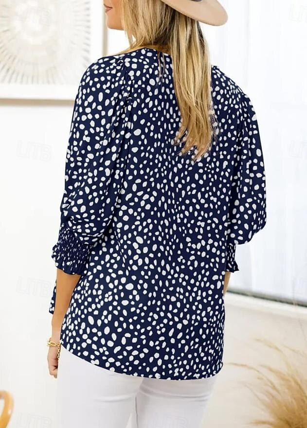 damblus dressade toppar ledigt prickigt tryck lanternärm 3/4 lång ärm rund halsringning dagligen svart rosa grön sommar vår höst 2025 - $29.99 –P5