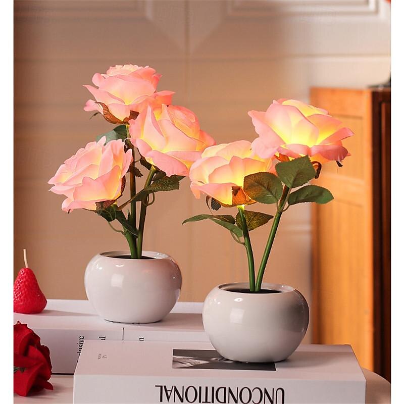 Valentines Flowers Table Lamp, LED 3D Rose Night Light Table Lights Simulation Flower with Vase Table Lamp Ornaments for Home Living Bedroom Decoration Lamp 1pc 2025 - $37.99 –P7