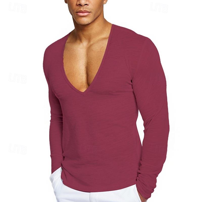 Men's T Shirt Tee Tee Top Long Sleeve Shirt Long Sleeve V Neck Spring & Fall Plain Fashion Designer Basic Vacation Street Going out Wine Black White Top Tee for Men 2025 - $18.99 –P4