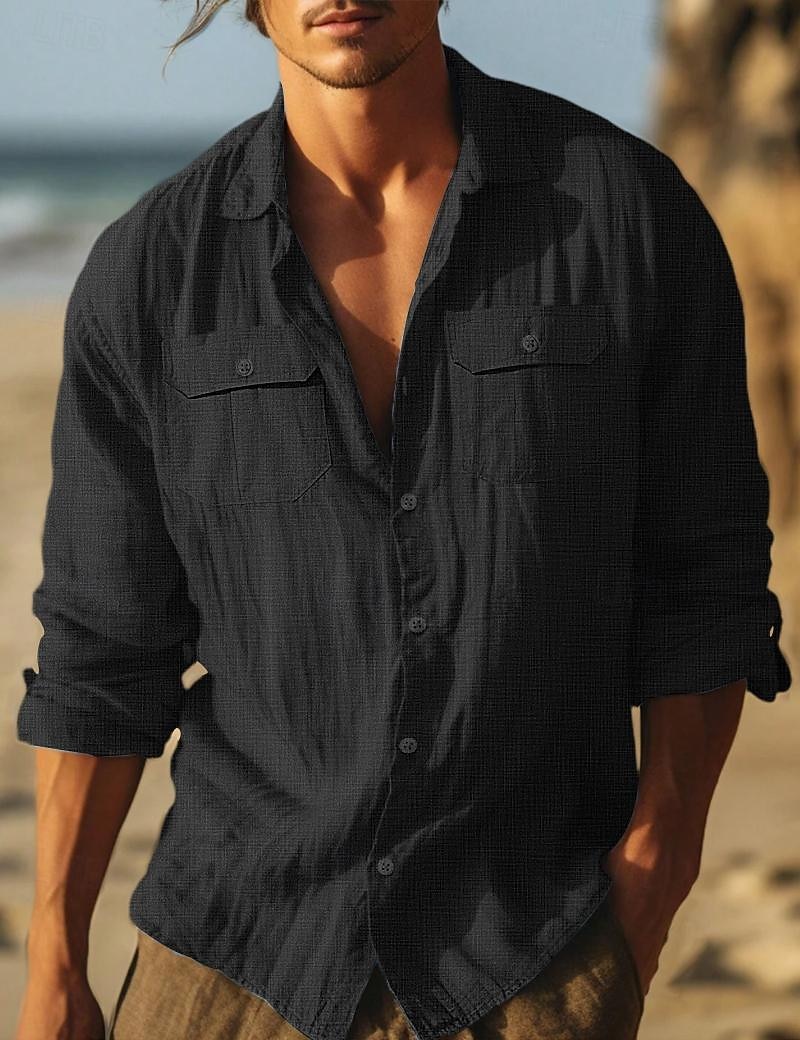 Homme Chemise Chemise en lin et coton Chemisette Chemise d'été Tenues de plage Chemise décontractée Chemise boutonnée Plein Vacances Curise Noir Blanche Bleu clair manche longue Revers Printemps été de 2026 ? $26.99 –P9