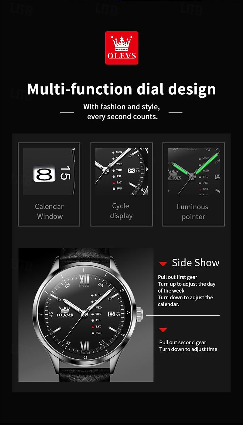 OLEVS Men's Luxury Watch Business Fashion Quartz Wristwatch Waterproof Leather Strap Blue Sunray Dial with Unique Day Date Display Luminous Hands Roman Numerals Dress Watch for Male Gift 2026 - $31.99 –P14