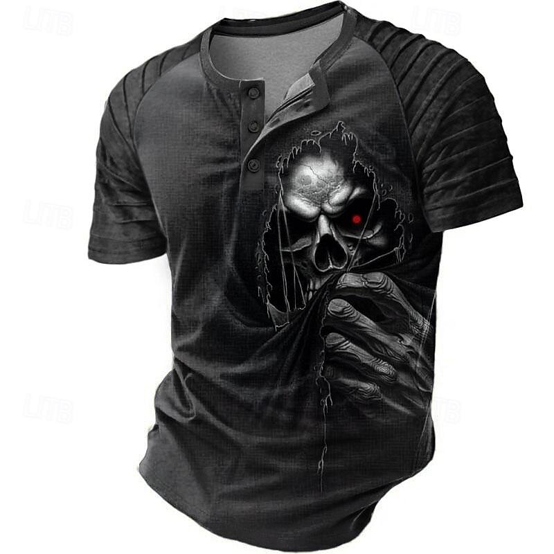 2025年 男性用 暗い Tシャツ 半袖 3Dプリント レトリ/ヴィンテージ ゴシック パーティー ストリート 夏 春 ブラック グレー ヘンリーカラー ヘンリーTシャツ コレクション – $20.99 –P4
