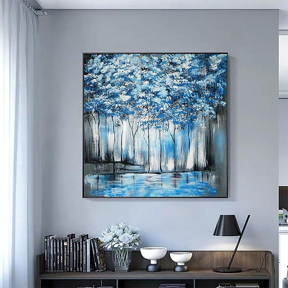 reines handgemaltes Ölgemälde blauer Wald nordisches abstraktes dekoratives Gemälde Wohnzimmer Veranda Leinwandkunst atmosphärisches Wandbild 2025 - $116.99 –P3