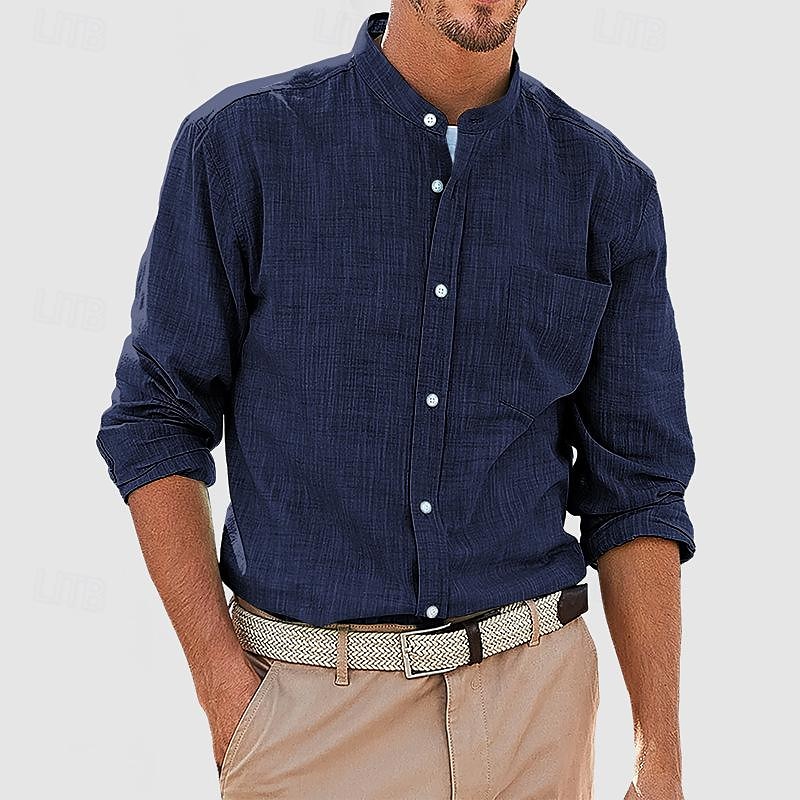 Men's Shirt Chinese Collar Shirt Mandarin Collar Shirt Summer Shirt Casual Shirt Beach Shirt White Red Navy Blue Blue Long Sleeve Plain Band Collar Vacation Hawaiian Pocket Clothing Apparel Polyester 2025 - $25.99 –P3