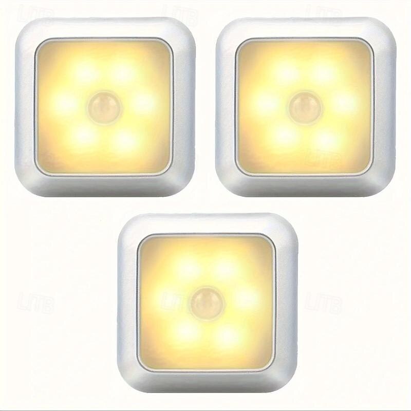Set de lumini de noapte cu senzor de mișcare cu led 3 buc, lumină cu senzor dulap dulap cu 6 LED-uri, iluminare automată cu infraroșu activată cu baterie alimentată pentru un loc nou dulap, dulap, scară, dormitor, coridor, toaletă, dulap 2025 - $34.99 –P7
