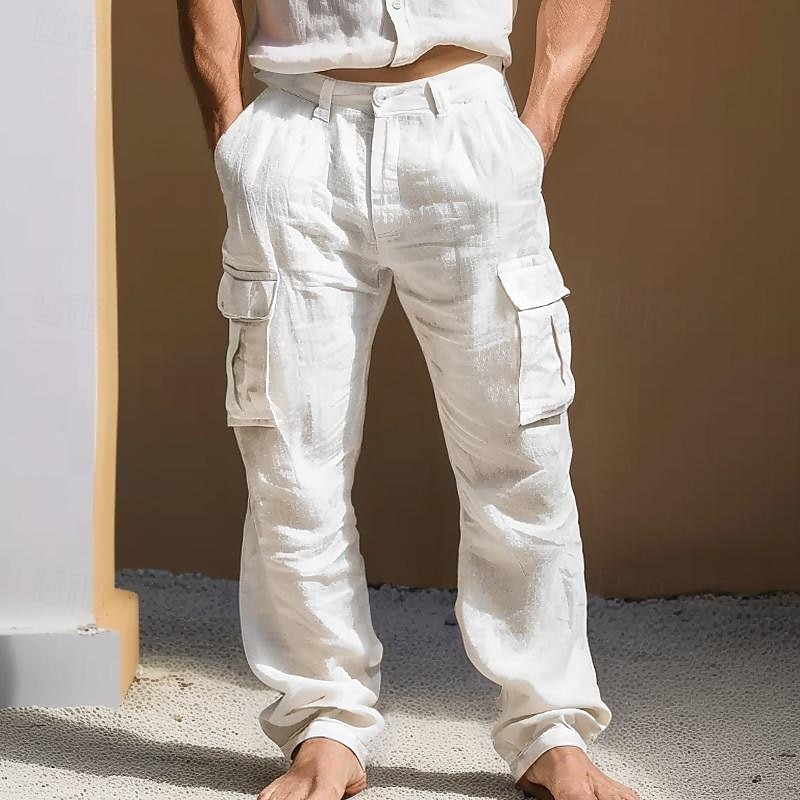 Herr Linne Byxor Långbyxor Sommarbyxor Flera fickor Rakt ben Slät Komfort Andningsfunktion Fullängd Utomhus Dagligen Utekväll Mode Streetwear Svart Vit 2025 - $29.99 –P9