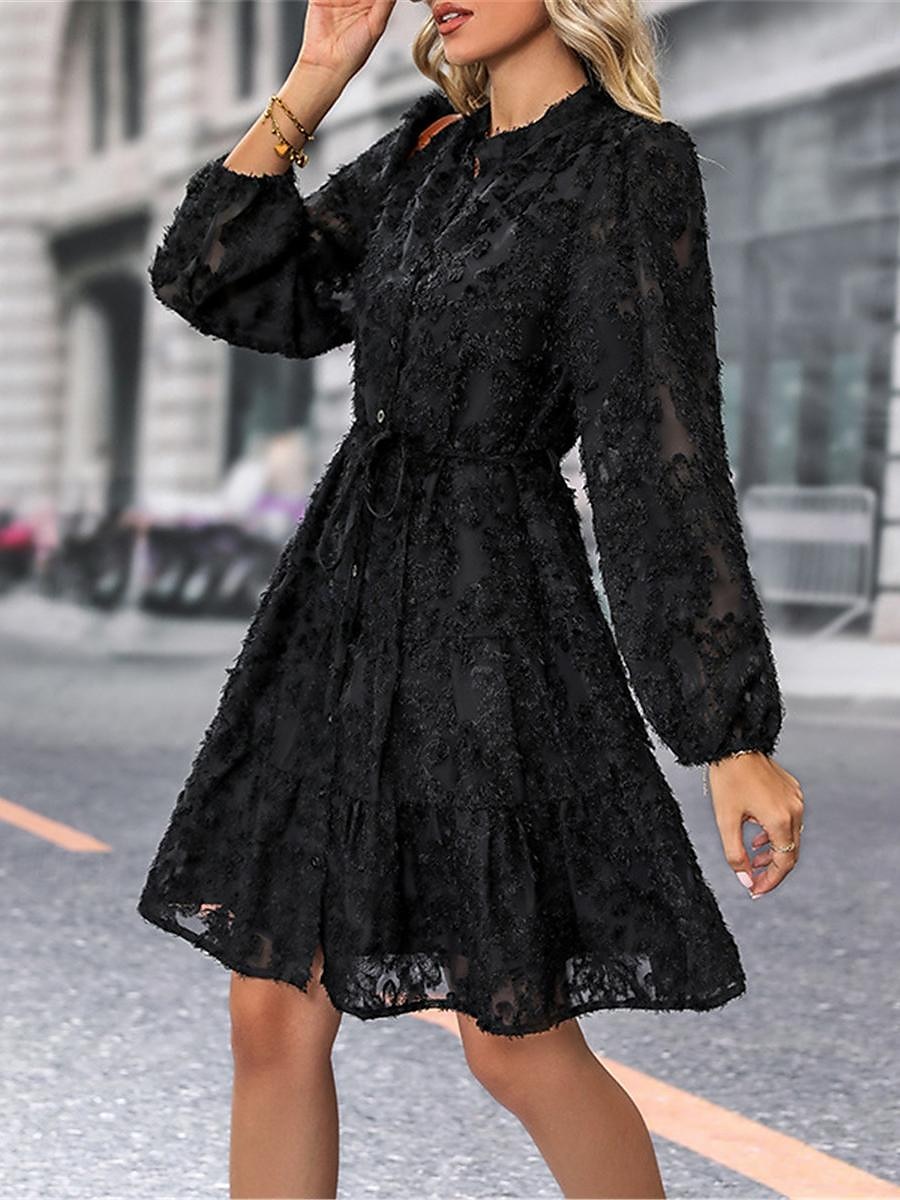 Damen Spitzenkleid Minikleid Angeschnallt Ausgefallene Ständer Langarm Schwarz Wein Marineblau Farbe 2025 - $57.99 –P13