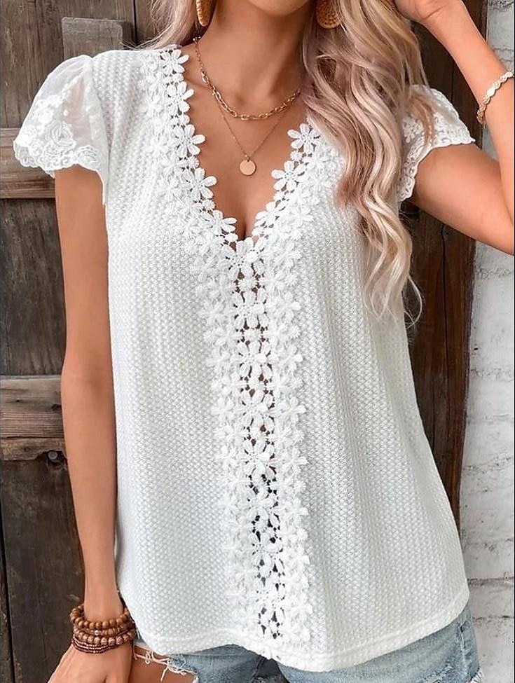 Overhemd Blouse Geklede topjes Dames Wit Effen Kant Straat Dagelijks Modieus V-hals Normale pasvorm S 2025 - $26.99 –P4
