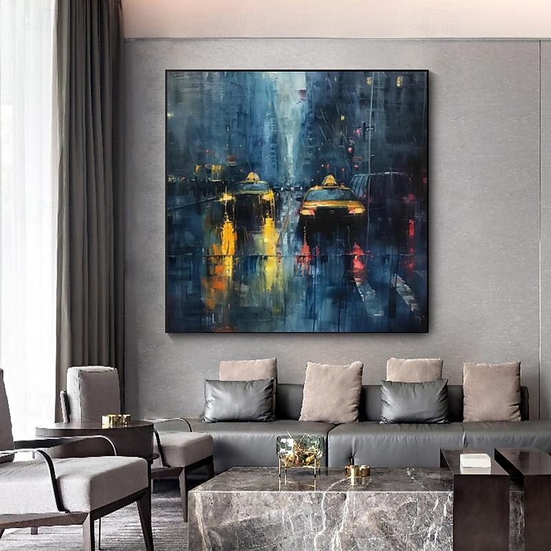 chodec s deštníky v deštivém městě malba olejomalba ručně malovaná deštivé město olejomalba ručně vyráběná panoráma města umění městská malba plátno domácí dekorace natažený rám připravený k zavěšení 2026 - $101.99 –P6