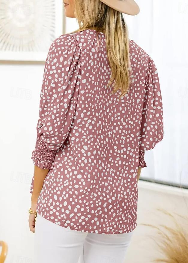 damblus dressade toppar ledigt prickigt tryck lanternärm 3/4 lång ärm rund halsringning dagligen svart rosa grön sommar vår höst 2025 - $29.99 –P2