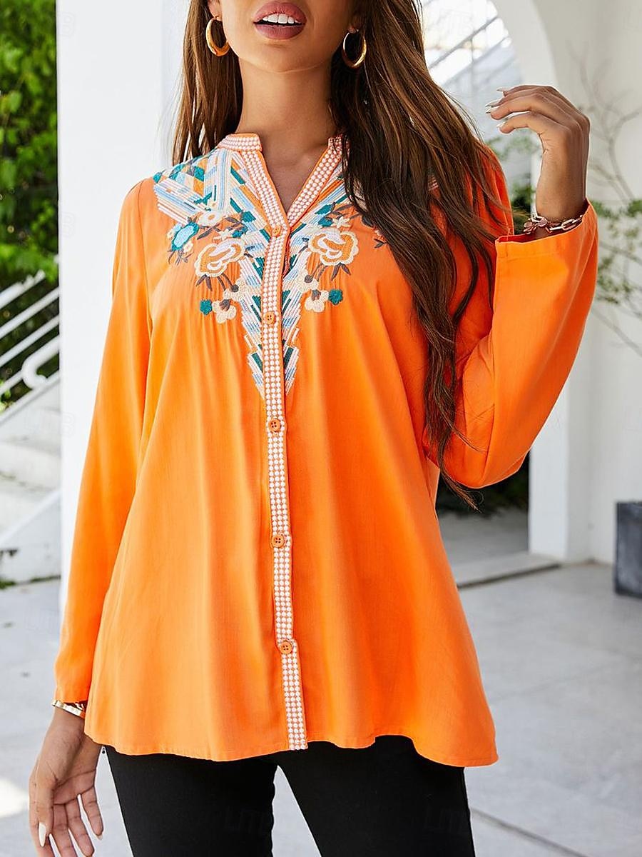 Dames Overhemd Geklede topjes Grafisch Casual Lange mouw V-hals Vakantie Dagelijks Knop Oranje Lente Herfst 2025 - $45.99 –P4