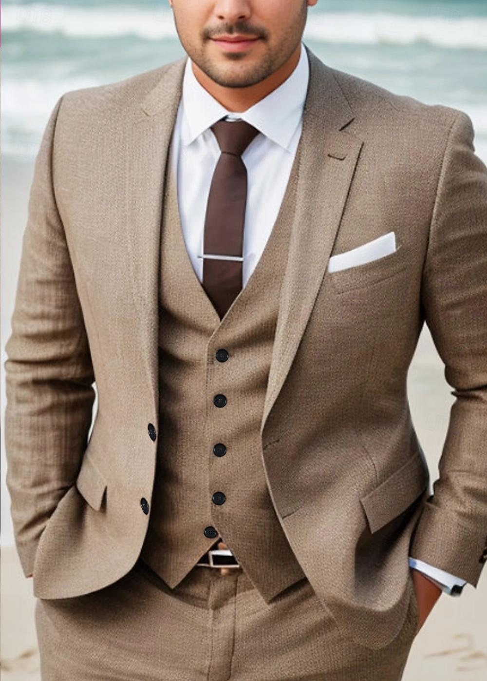 Men's Wedding Linen Suits Sky Blue Khaki Summer Solid Colored Tailored Fit 3 Piece Single Breasted Two-buttons 2025 - $139.99 –P4