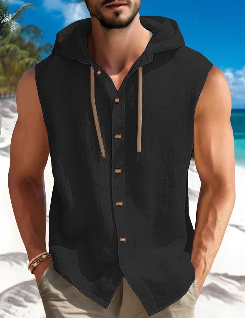 Per uomo Camicia Camicia estiva Abbigliamento mare Camicia con bottoni Liscio Da mare Curise Nero Bianco Blu Cachi Senza maniche Con cappuccio Estate Primavera Abbigliamento del 2025 a $22.99 –P4