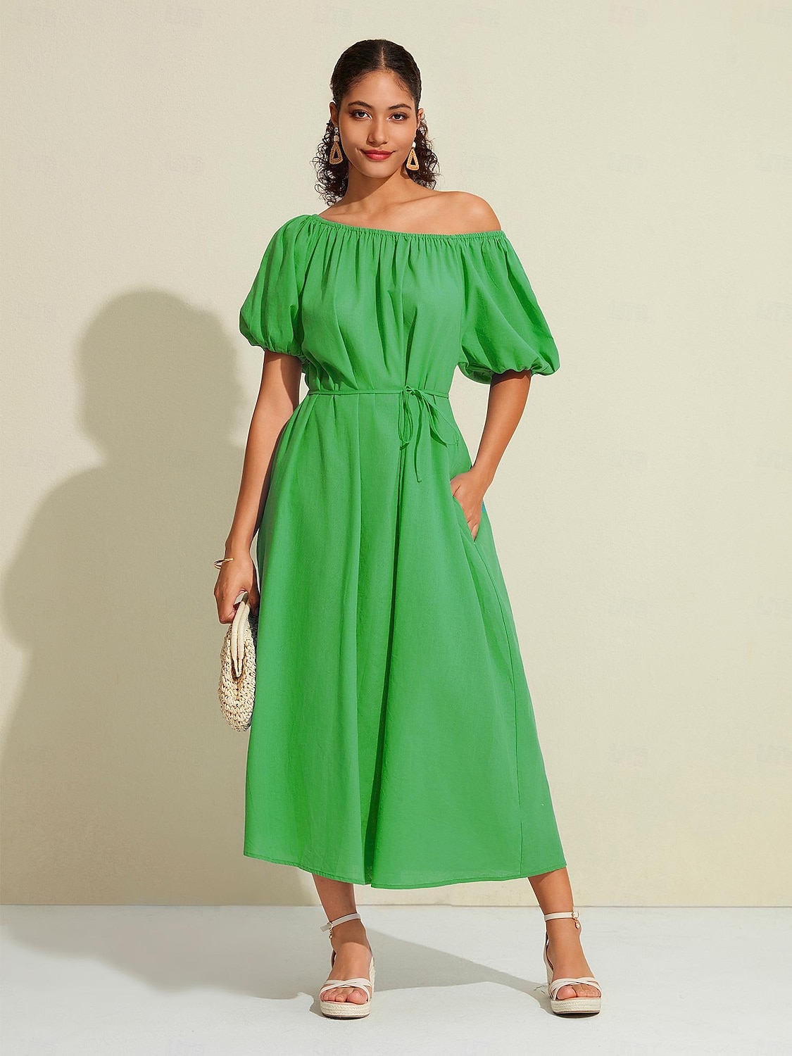 kvinners maxikjole i bomull fritidsklær feriekjole grønn løs passform off-shoulder puffermer en linje sommerkjole 2025 - $52.99 –P2